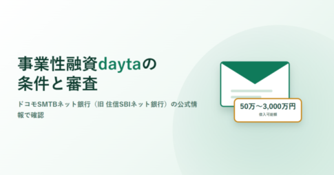 事業性融資daytaの条件と審査、ドコモSMTBネット銀行（旧 住信SBIネット銀行）の公式情報で確認と書かれたアイキャッチ画像。封筒のイラストと借入可能額50万〜3,000万円のラベルが添えられている