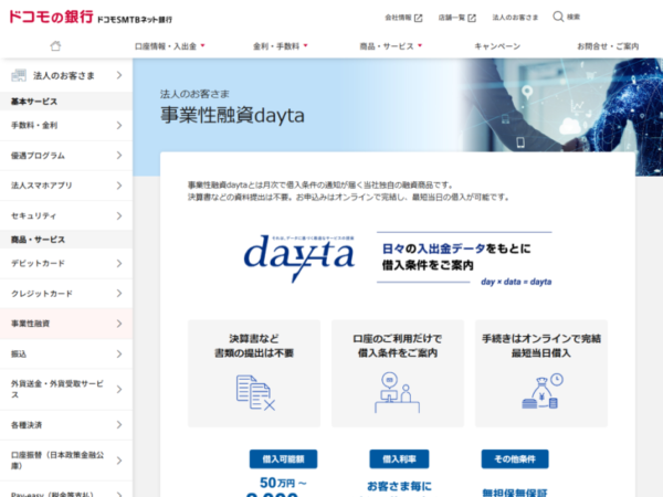 ドコモSMTBネット銀行の事業性融資daytaの公式ページ。決算書など書類の提出は不要、口座の利用だけで借入条件を案内、手続きはオンラインで完結し最短当日借入と案内されている
