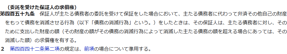 e-Gov法令検索に表示された民法第459条。委託を受けた保証人の求償権として、保証人が主たる債務者に代わって債務を消滅させる行為をしたときは支出した財産の額の求償権を有すると書かれている