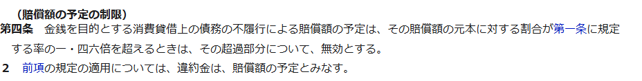 e-Gov法令検索に掲載された利息制限法第4条の条文の画面キャプチャ。賠償額の予定は第1条に規定する率の1.46倍を超えるときはその超過部分を無効とし、違約金は賠償額の予定とみなすと定められている