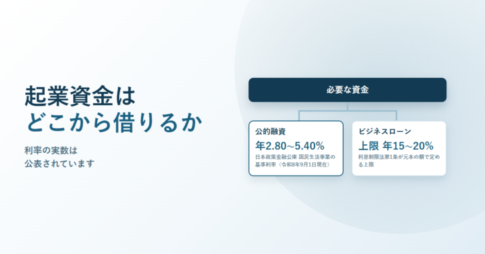 起業資金の調達先を公的融資とビジネスローンに分けた分岐図。公的融資は年2.80から5.40パーセント、ビジネスローンの上限は年15から20パーセント