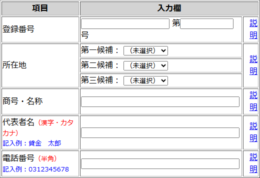 金融庁の登録貸金業者情報検索入力ページの入力欄。登録番号、所在地、商号・名称、代表者名、電話番号の項目が並んでいる