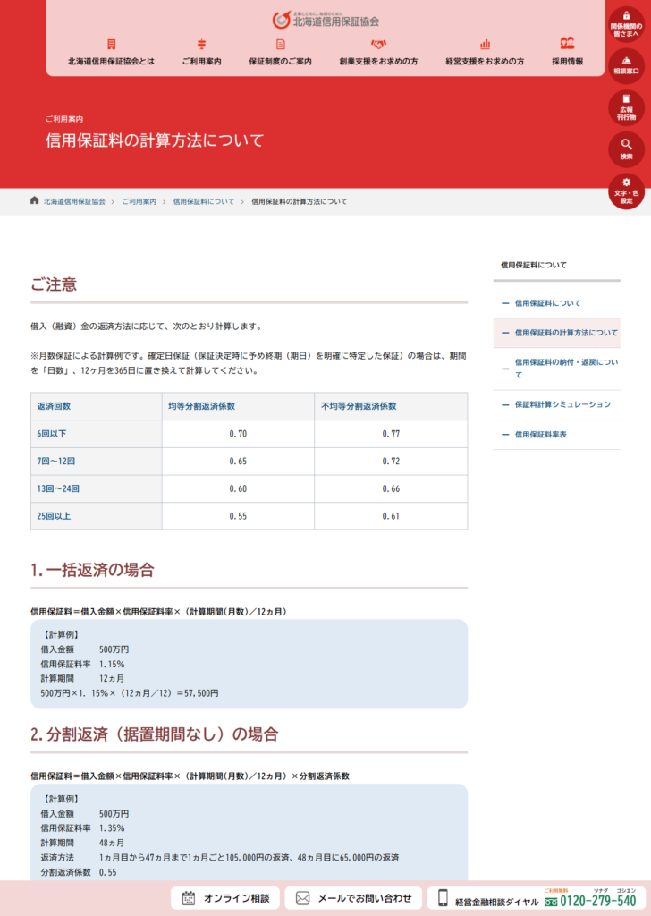 北海道信用保証協会の公式画面。信用保証料の計算方法のページで、返済回数ごとの均等分割返済係数と不均等分割返済係数の表と、一括返済と分割返済の計算例が表示されている