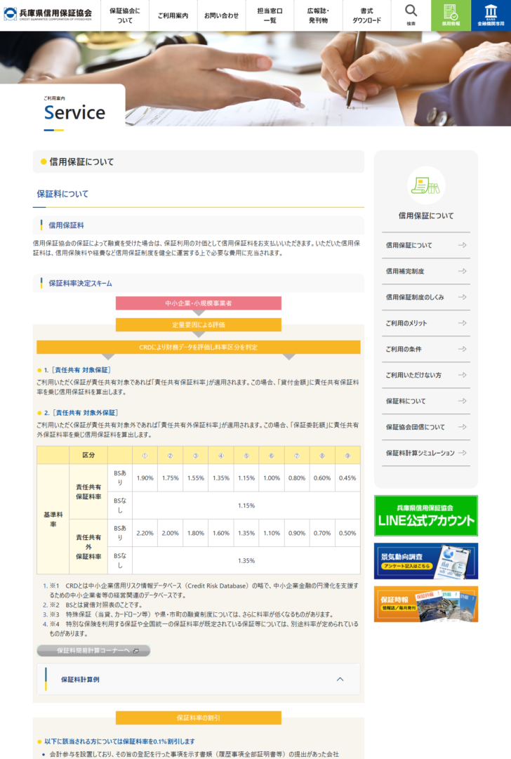 兵庫県信用保証協会の保証料についてのページで、責任共有保証料率と責任共有外保証料率の9区分の表を示した公式画面のキャプチャ