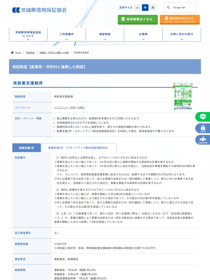 茨城県信用保証協会の県創業支援融資のページの画面キャプチャ。独立開業を考えている方や創業後5年未満の方が利用でき、信用保証料の0.3%引下げ、融資利率は年1.5%〜1.8%の固定、創業支援2号を利用すると経営者保証が不要になると書かれ、自己資金要件はなしと表に記載されている