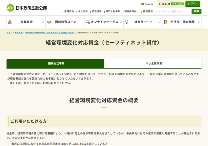 日本政策金融公庫の公式サイト「経営環境変化対応資金（セーフティネット貸付）」のページ。ご利用いただける方の要件として、最近の決算期における売上高が前期または前々期に比し5％以上減少している方などが表示されている