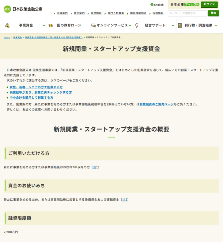 日本政策金融公庫の公式サイト「新規開業・スタートアップ支援資金」のページ。ご利用いただける方、資金のお使いみち、融資限度額が表示されている