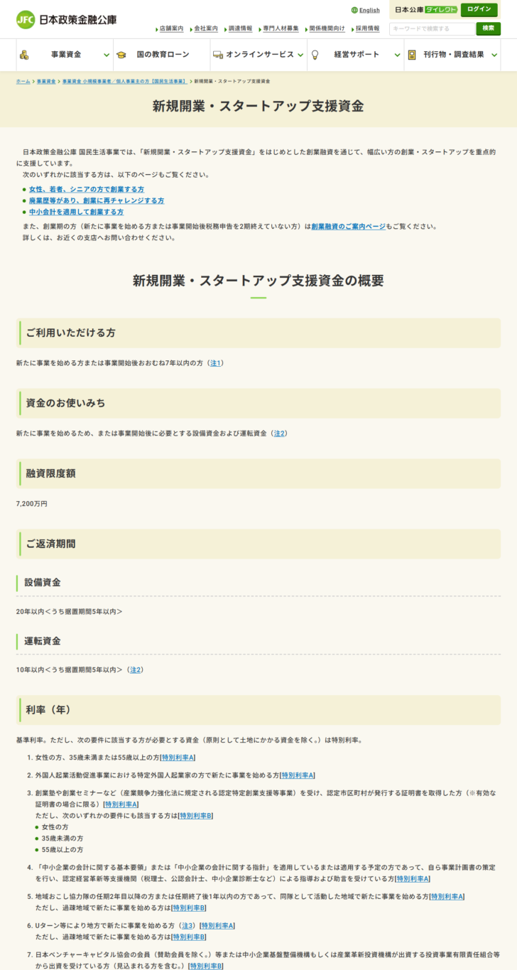 日本政策金融公庫の新規開業・スタートアップ支援資金のページの画面。融資限度額7,200万円、設備資金20年以内うち据置期間5年以内と書かれている