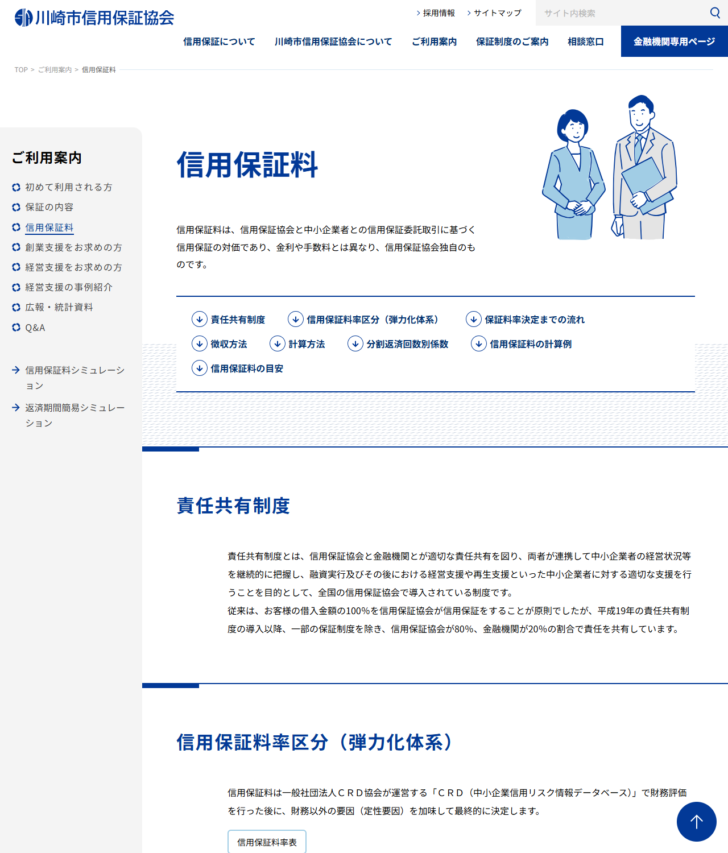 川崎市信用保証協会の信用保証料のページの画面キャプチャ。責任共有制度の説明として信用保証協会が80%、金融機関が20%の割合で責任を共有していることと、信用保証料率区分(弾力化体系)の説明が表示されている