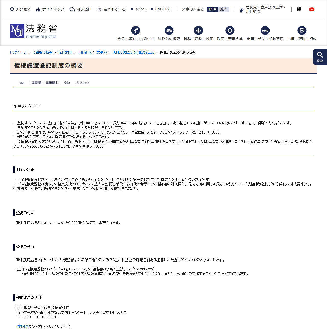 法務省のページの画面。債権譲渡登記制度の概要という見出しと、制度のポイント・制度の趣旨・登記の対象・登記の効力が並んでいる