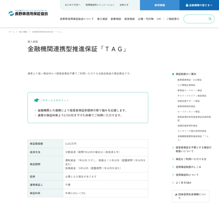 長野県信用保証協会の金融機関連携型推進保証「ＴＡＧ」のページの公式キャプチャ画面。通常の保証料率より0.15％引き下げた料率でご利用いただけますという説明の下に、保証限度額8,000万円、返済方法は分割返済、保証期間は運転資金7年以内ただし借換は10年以内、担保は必要となる場合があります、連帯保証人は不要、保証料率は年率0.30％〜1.75％と表示されている
