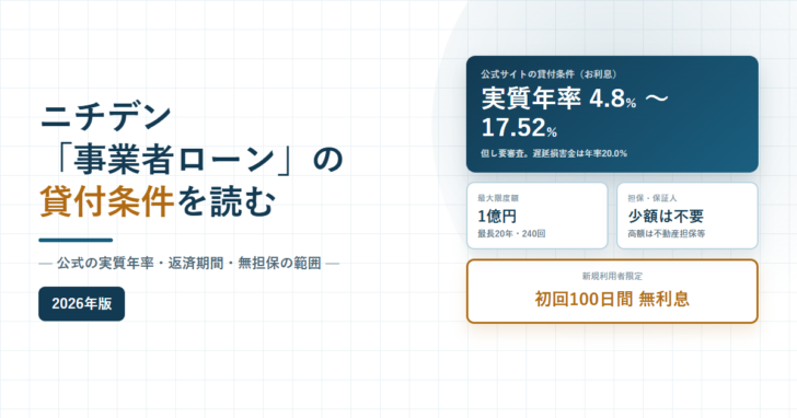 ニチデン「事業者ローン」の貸付条件を読む、実質年率4.8%〜17.52%と書かれたアイキャッチ画像