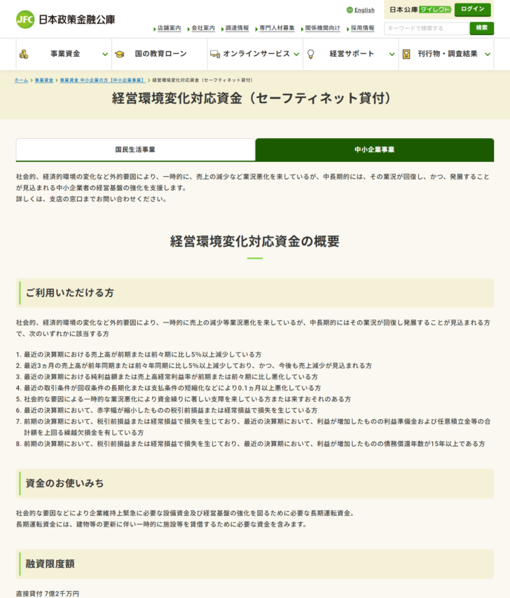 日本政策金融公庫の経営環境変化対応資金のページ。中小企業事業のタブが選ばれ、融資限度額の直接貸付7億2千万円などが表示されている