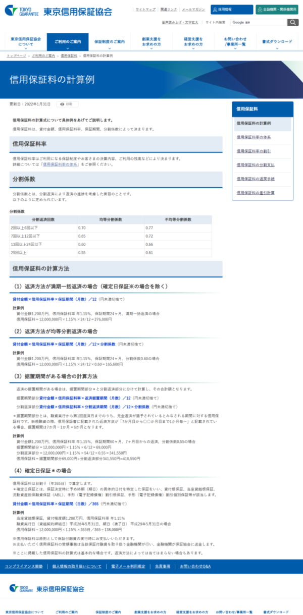 東京信用保証協会の信用保証料の計算例のページで、分割係数の表と4つの返済方法ごとの計算式が表示されている画面キャプチャ
